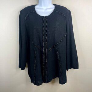 Ming Wang Womens Textured Chain Detail Zip Up Sweater 1X Black Jacket Office
